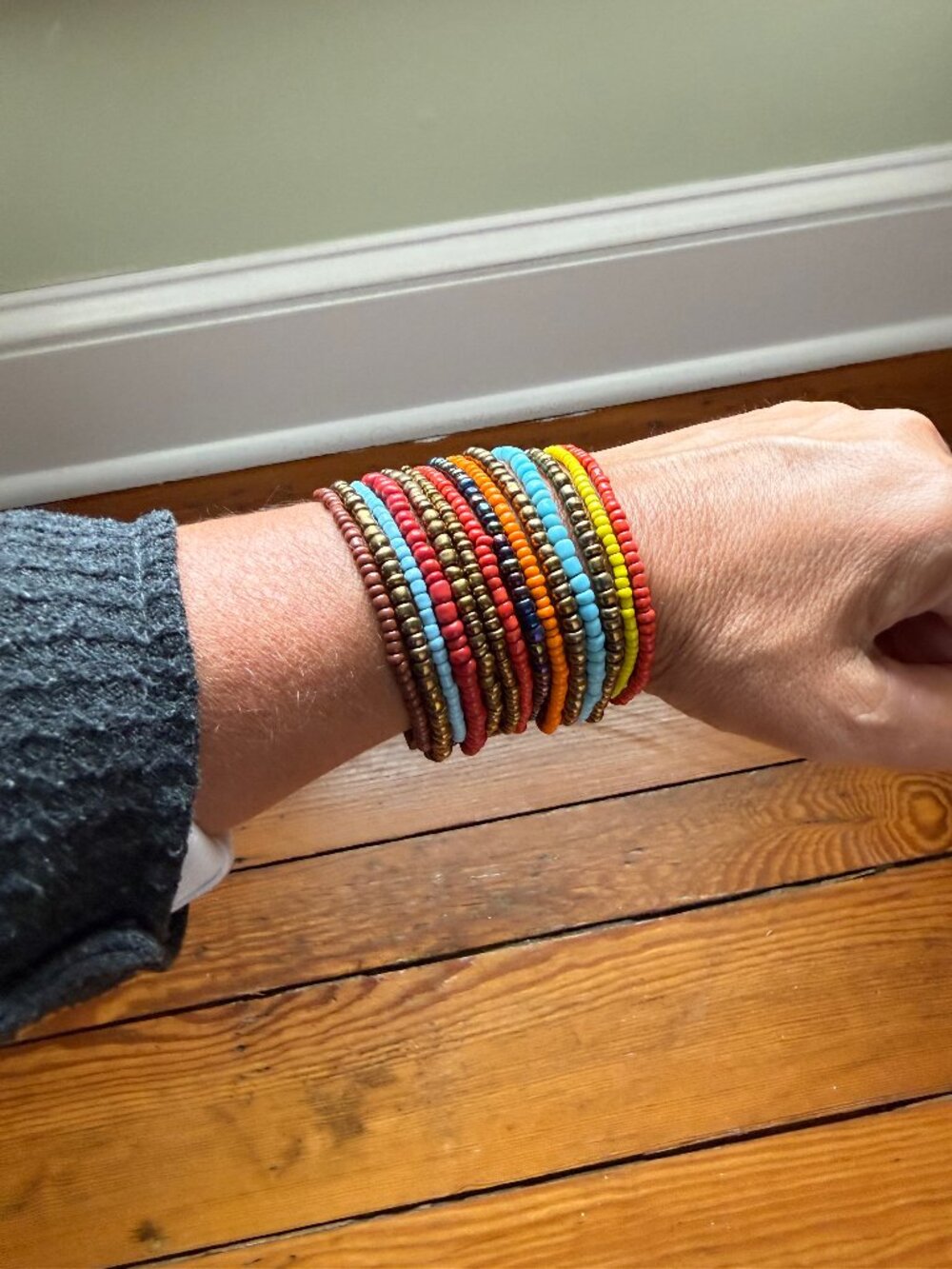 Multicolor Seed Bead Wide Cuff Bracelet Wood Toggle Boho Statement